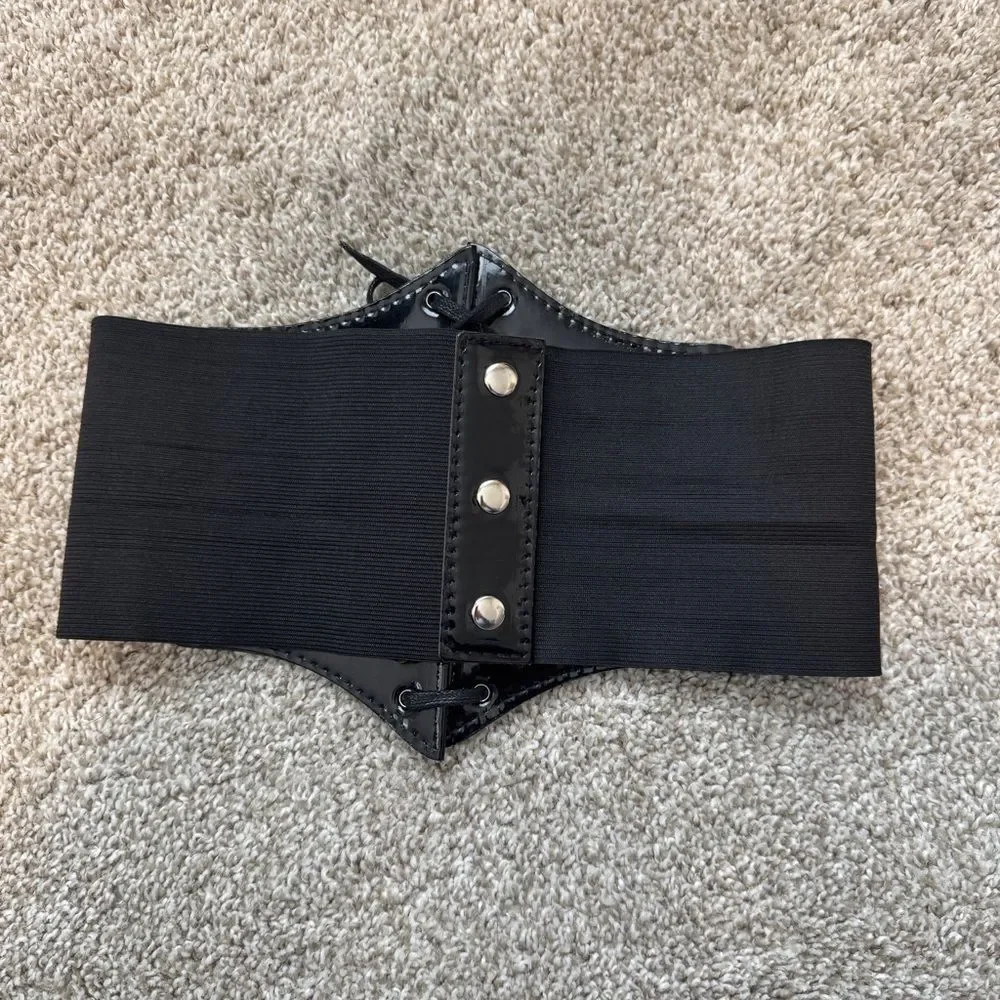 Wide Corset Waist Cinch Belt Faux Leather Elastic Stretch Lace Up Snap S/M